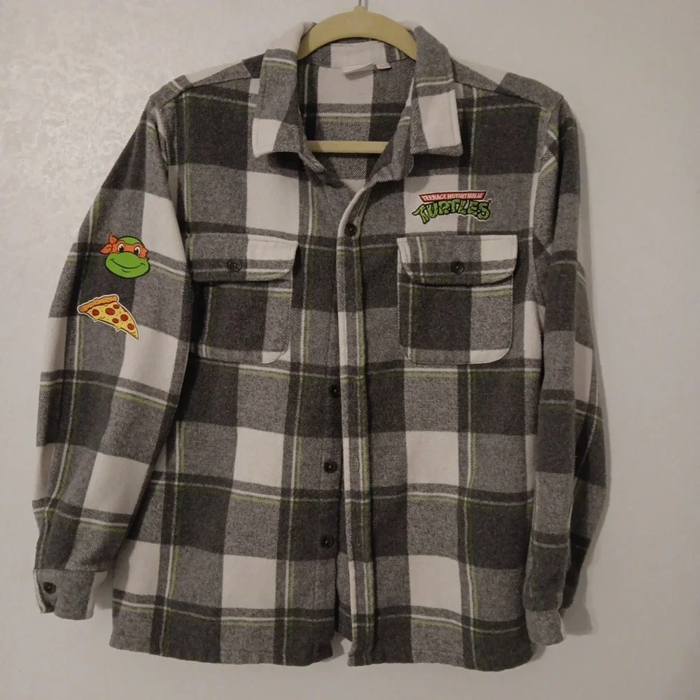 Nickelodeon Boys Flannel Shacket Sz. XL  Grey/White/Green‎ Ninja Turtles TMNT